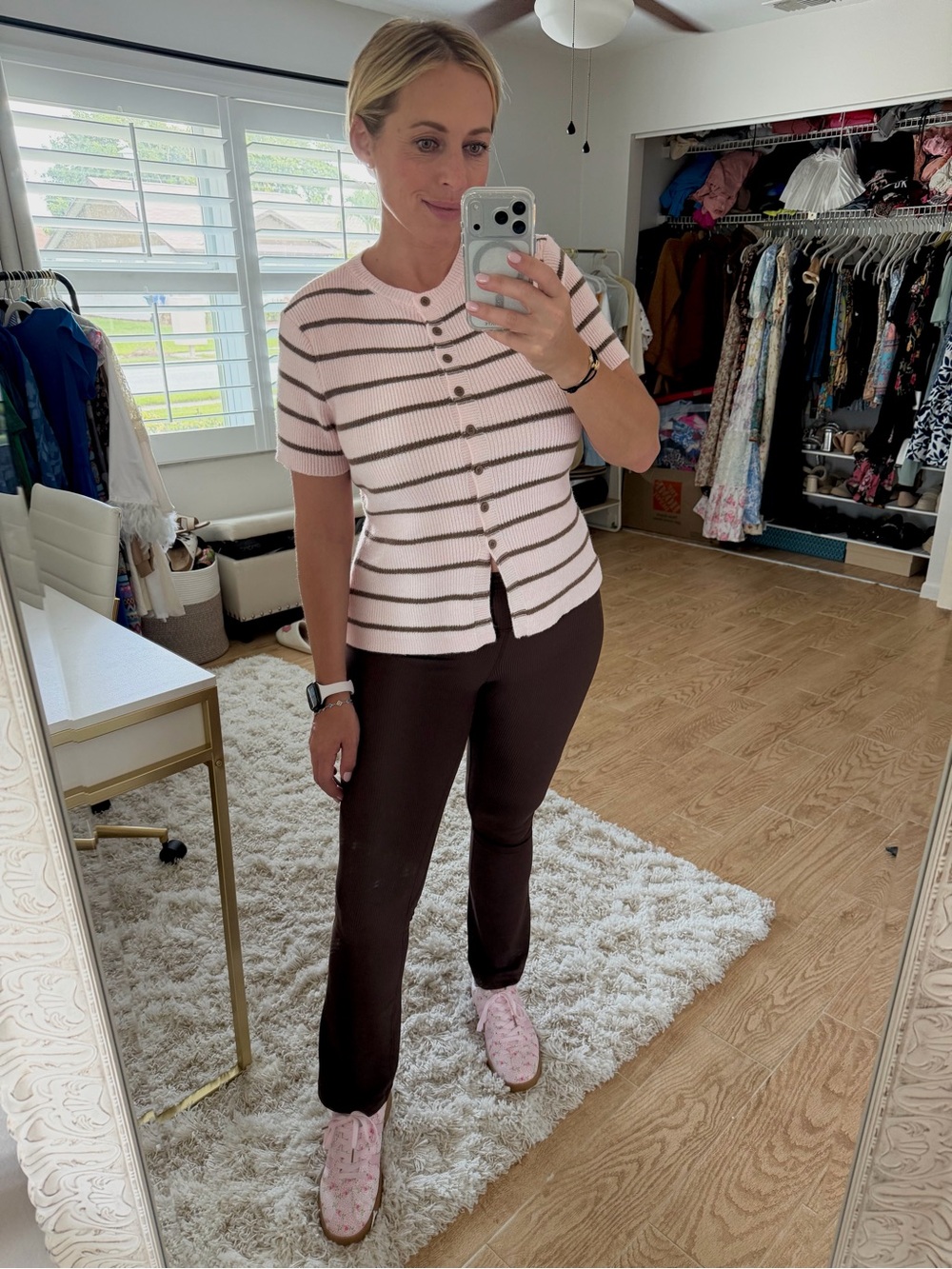 Striped Short-Sleeve Button Cardigan